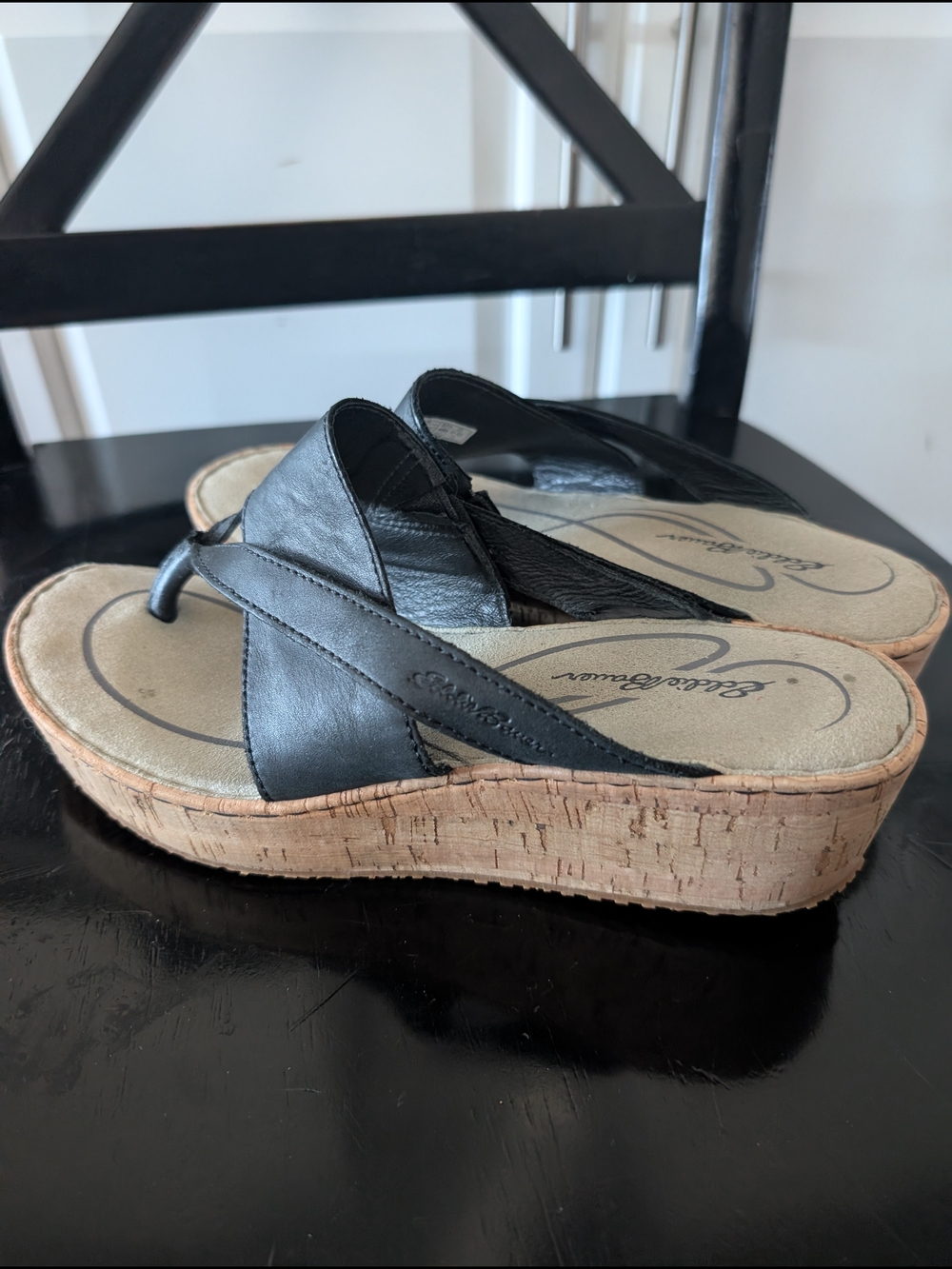 Eddie Bauer Black Leather Cork Wedge Sandals Size 9